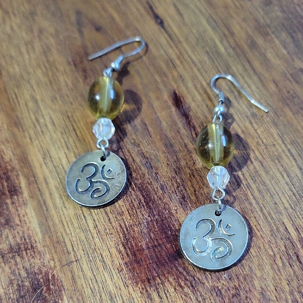 Citrine Stone & Om Symbol Earrings